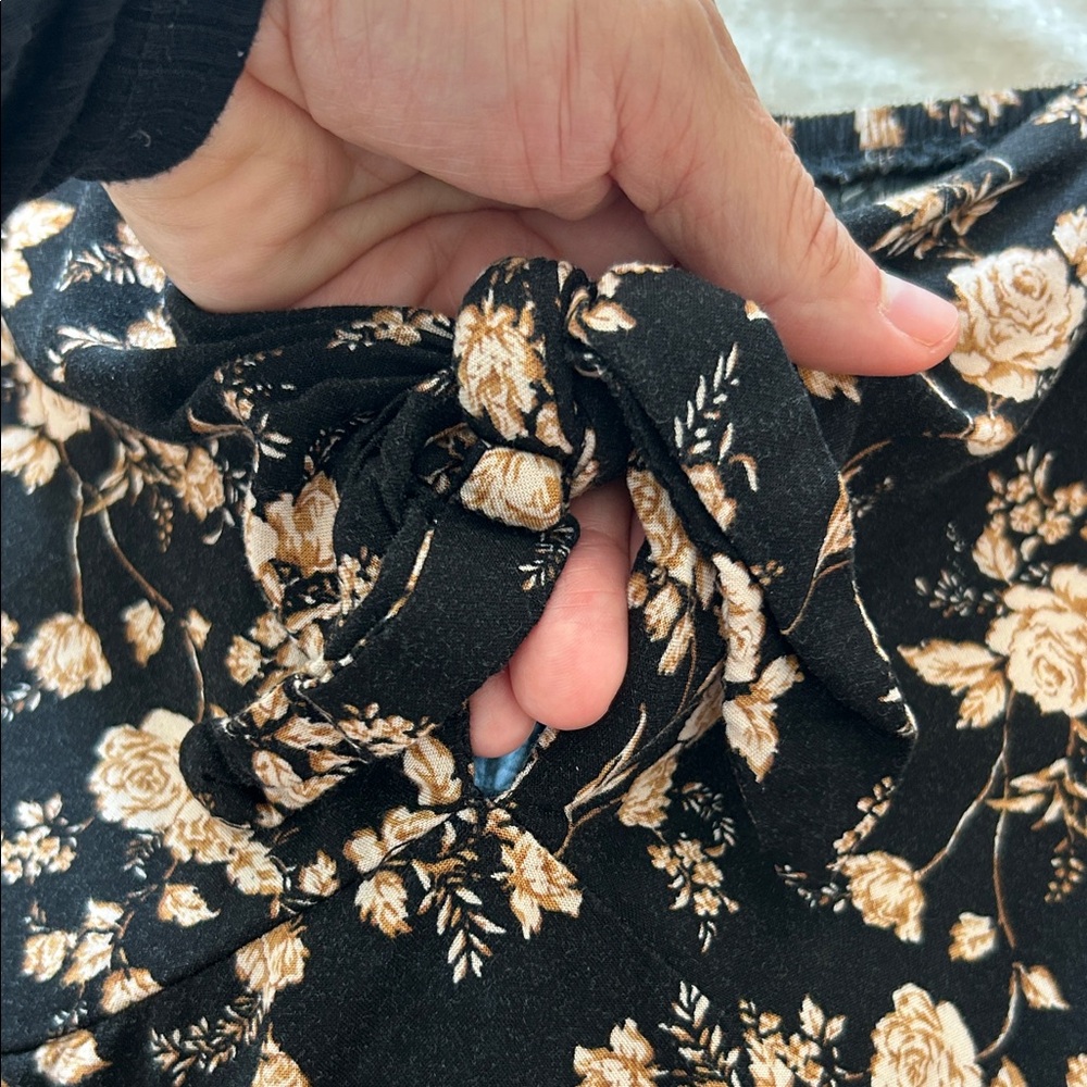 Mimi chica Festival Black Floral Midi Dress with Puff Sleeves pockets boho Chic - Picture 7 of 11